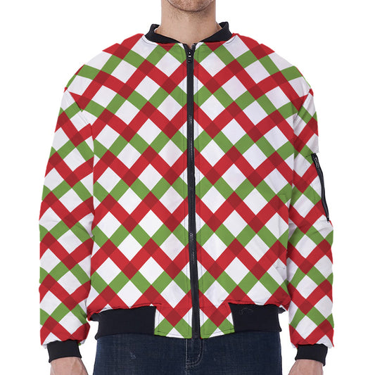 Merry Christmas Checkered Pattern Print Zip Sleeve Bomber Jacket