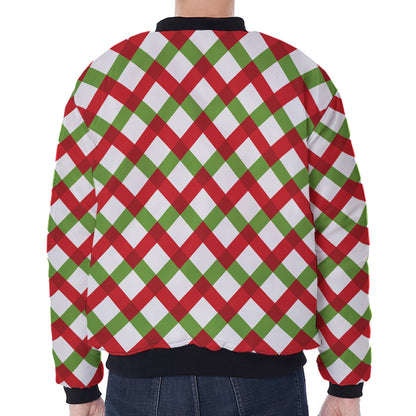 Merry Christmas Checkered Pattern Print Zip Sleeve Bomber Jacket
