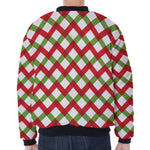 Merry Christmas Checkered Pattern Print Zip Sleeve Bomber Jacket