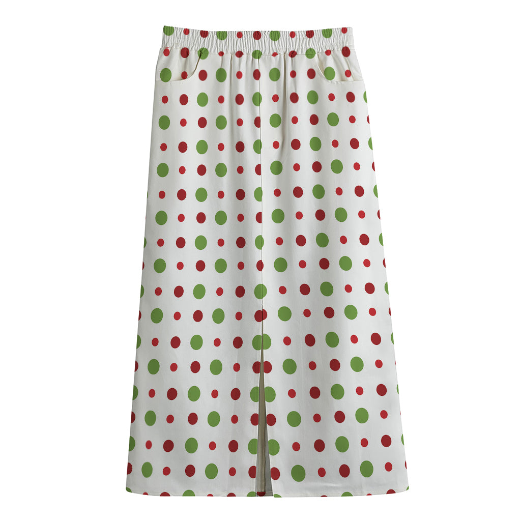 Merry Christmas Dots Pattern Print Cotton Front Slit Maxi Skirt