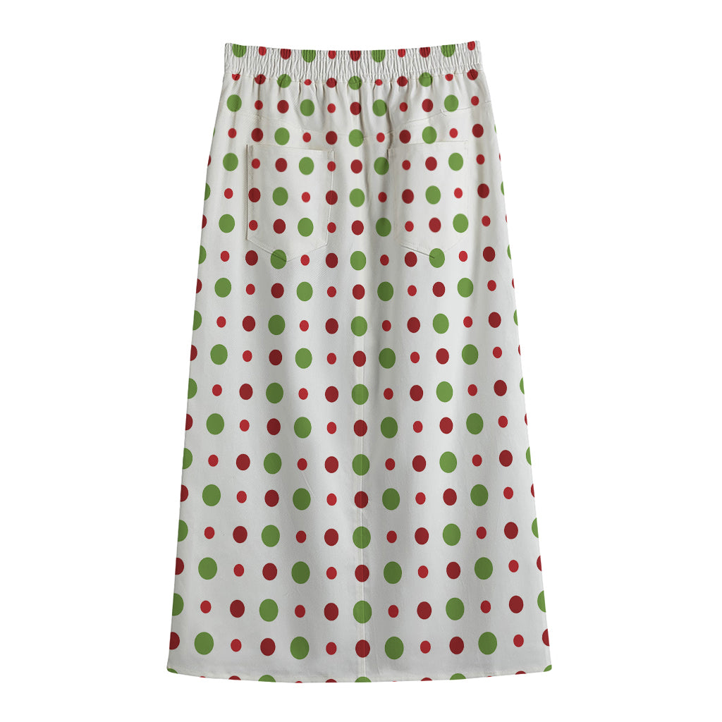 Merry Christmas Dots Pattern Print Cotton Front Slit Maxi Skirt