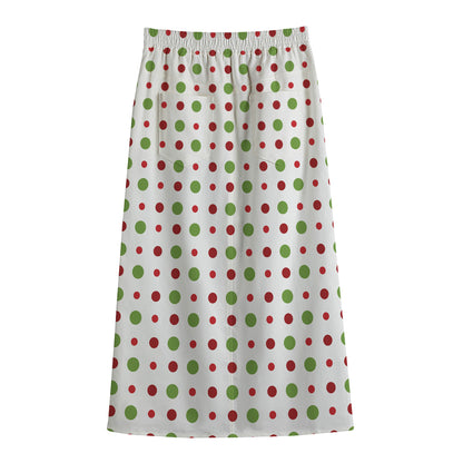 Merry Christmas Dots Pattern Print Cotton Front Slit Maxi Skirt