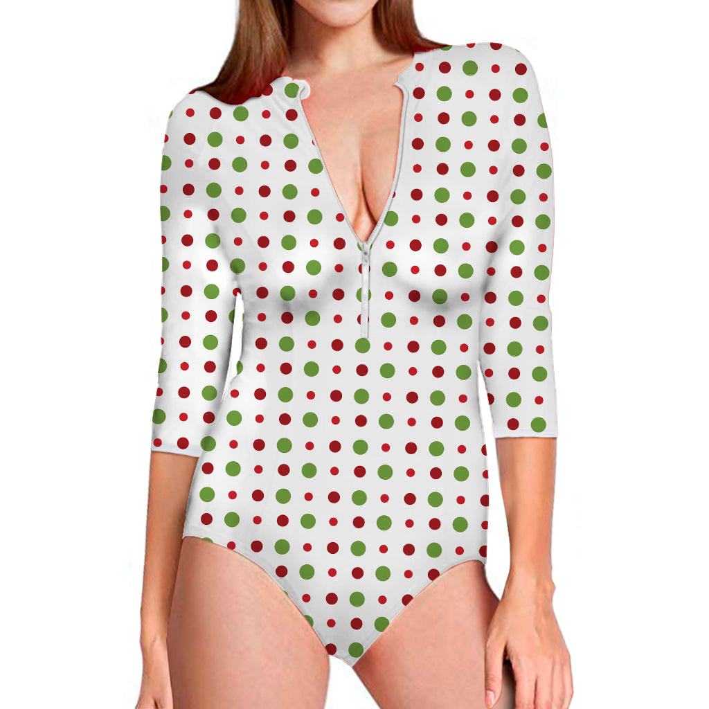 Merry Christmas Dots Pattern Print Long Sleeve Swimsuit