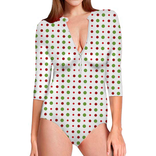 Merry Christmas Dots Pattern Print Long Sleeve Swimsuit