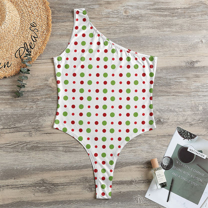 Merry Christmas Dots Pattern Print One Shoulder Bodysuit
