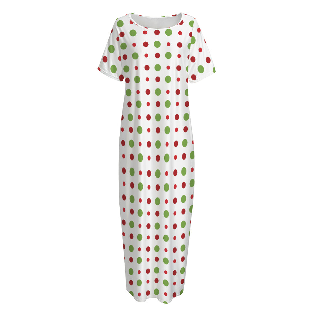 Merry Christmas Dots Pattern Print Short Sleeve Long Nightdress