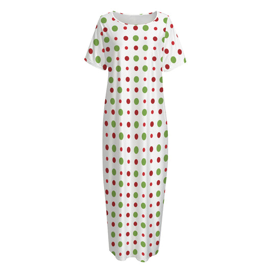 Merry Christmas Dots Pattern Print Short Sleeve Long Nightdress
