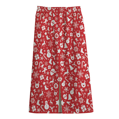 Merry Christmas Elements Pattern Print Cotton Front Slit Maxi Skirt