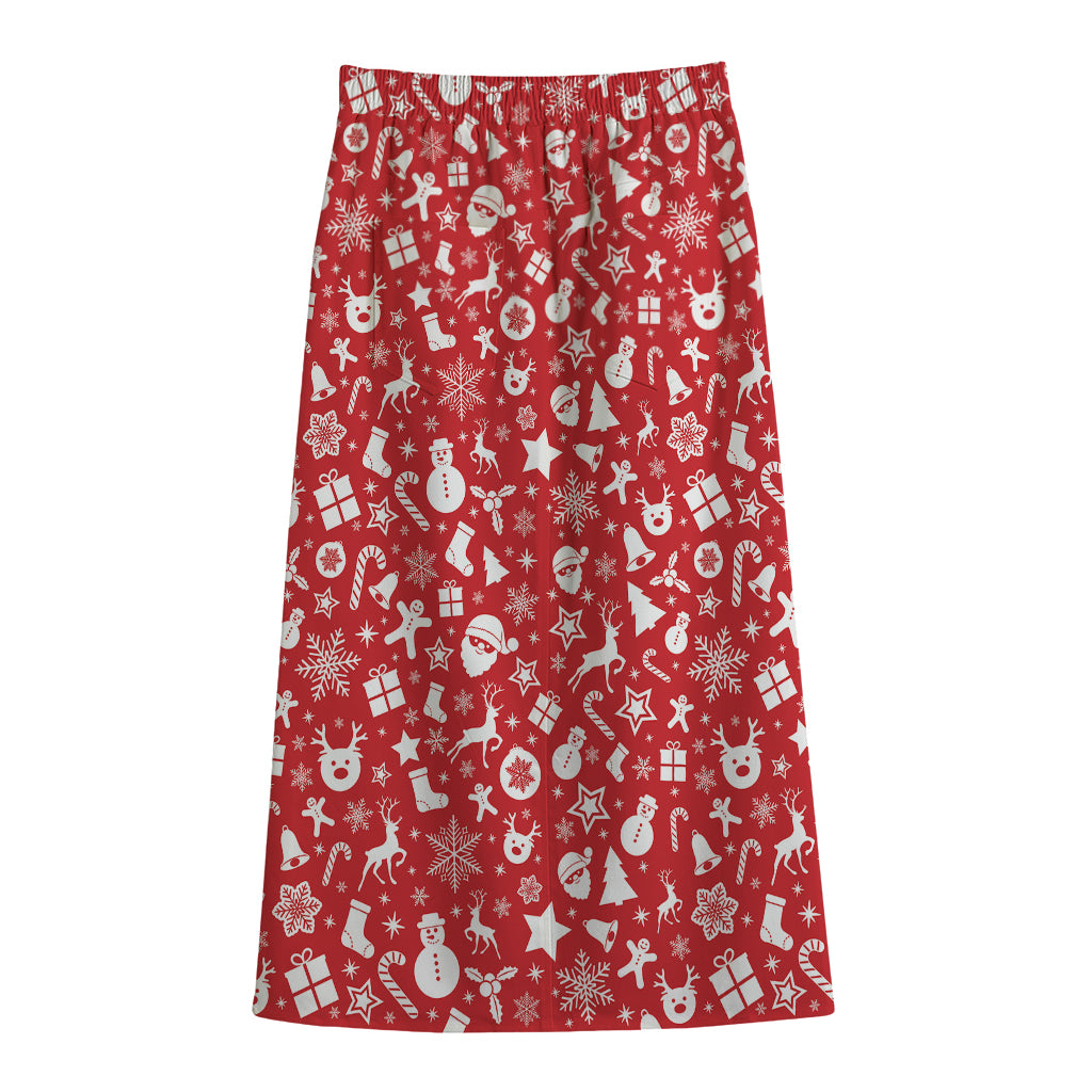 Merry Christmas Elements Pattern Print Cotton Front Slit Maxi Skirt
