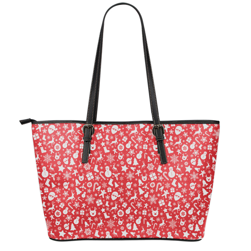 Merry Christmas Elements Pattern Print Leather Tote Bag