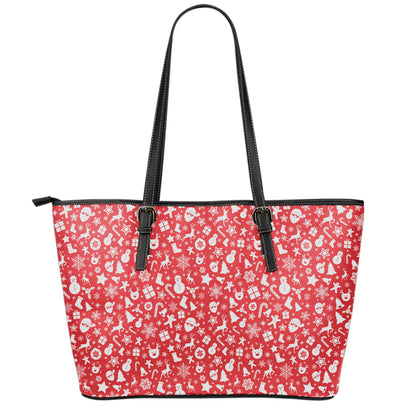Merry Christmas Elements Pattern Print Leather Tote Bag