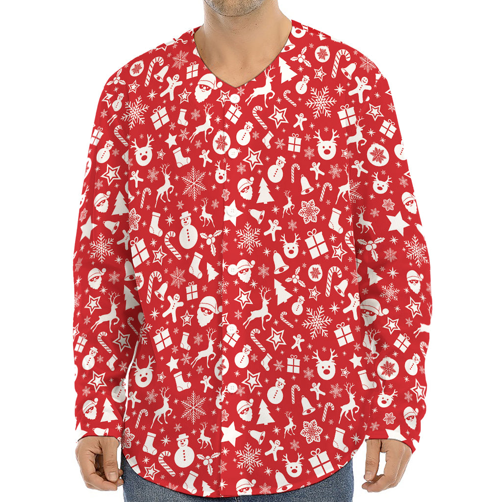 Merry Christmas Elements Pattern Print Long Sleeve Baseball Jersey