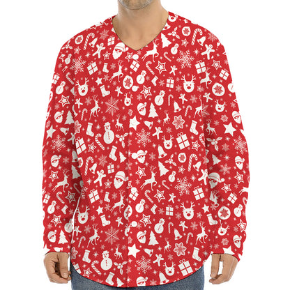 Merry Christmas Elements Pattern Print Long Sleeve Baseball Jersey