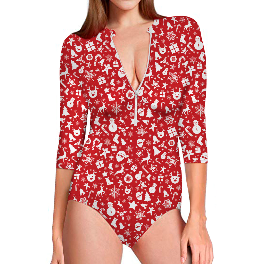 Merry Christmas Elements Pattern Print Long Sleeve Swimsuit