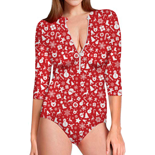 Merry Christmas Elements Pattern Print Long Sleeve Swimsuit