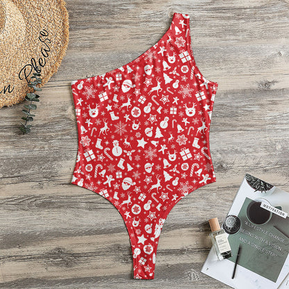 Merry Christmas Elements Pattern Print One Shoulder Bodysuit