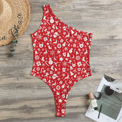 Merry Christmas Elements Pattern Print One Shoulder Bodysuit
