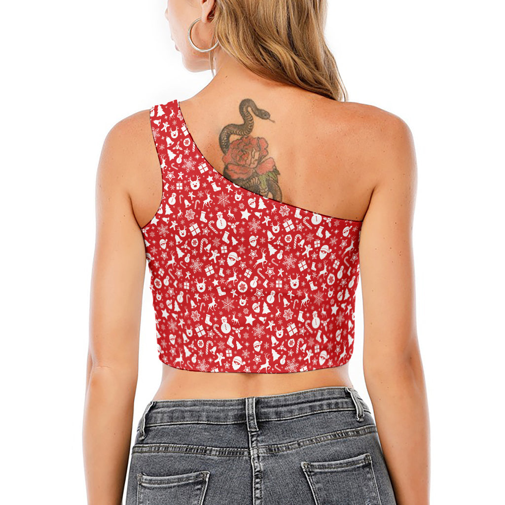 Merry Christmas Elements Pattern Print One Shoulder Crop Top