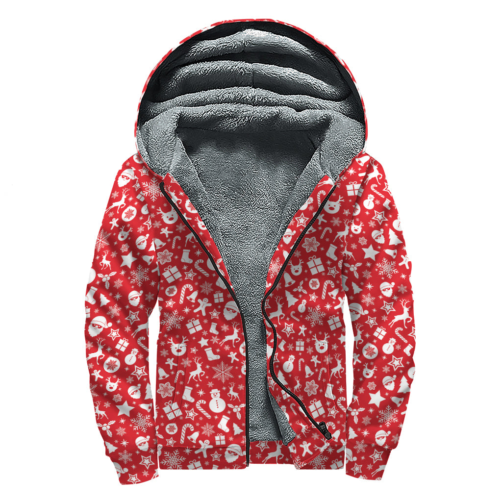 Merry Christmas Elements Pattern Print Sherpa Lined Zip Up Hoodie