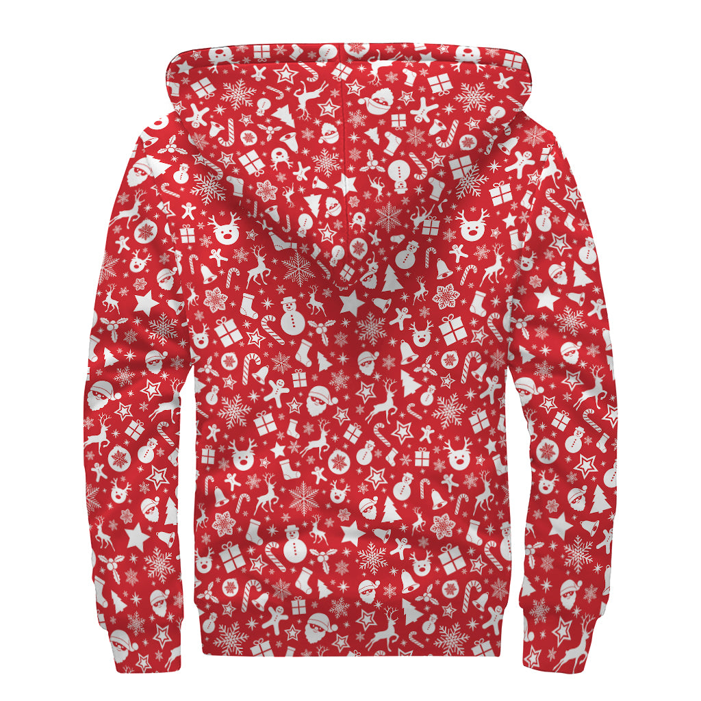 Merry Christmas Elements Pattern Print Sherpa Lined Zip Up Hoodie