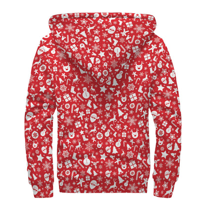 Merry Christmas Elements Pattern Print Sherpa Lined Zip Up Hoodie