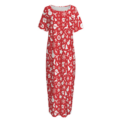 Merry Christmas Elements Pattern Print Short Sleeve Long Nightdress