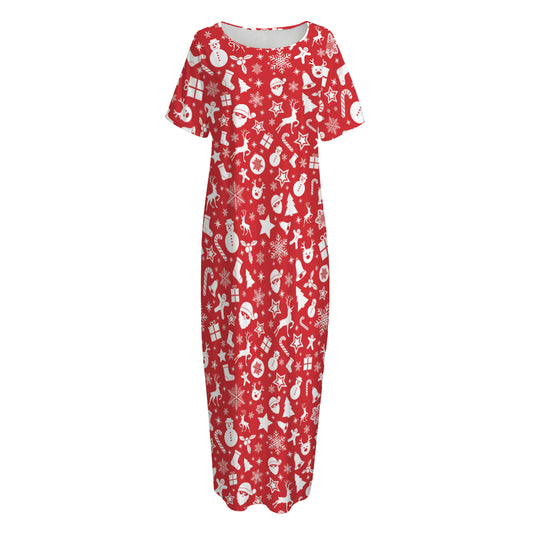 Merry Christmas Elements Pattern Print Short Sleeve Long Nightdress