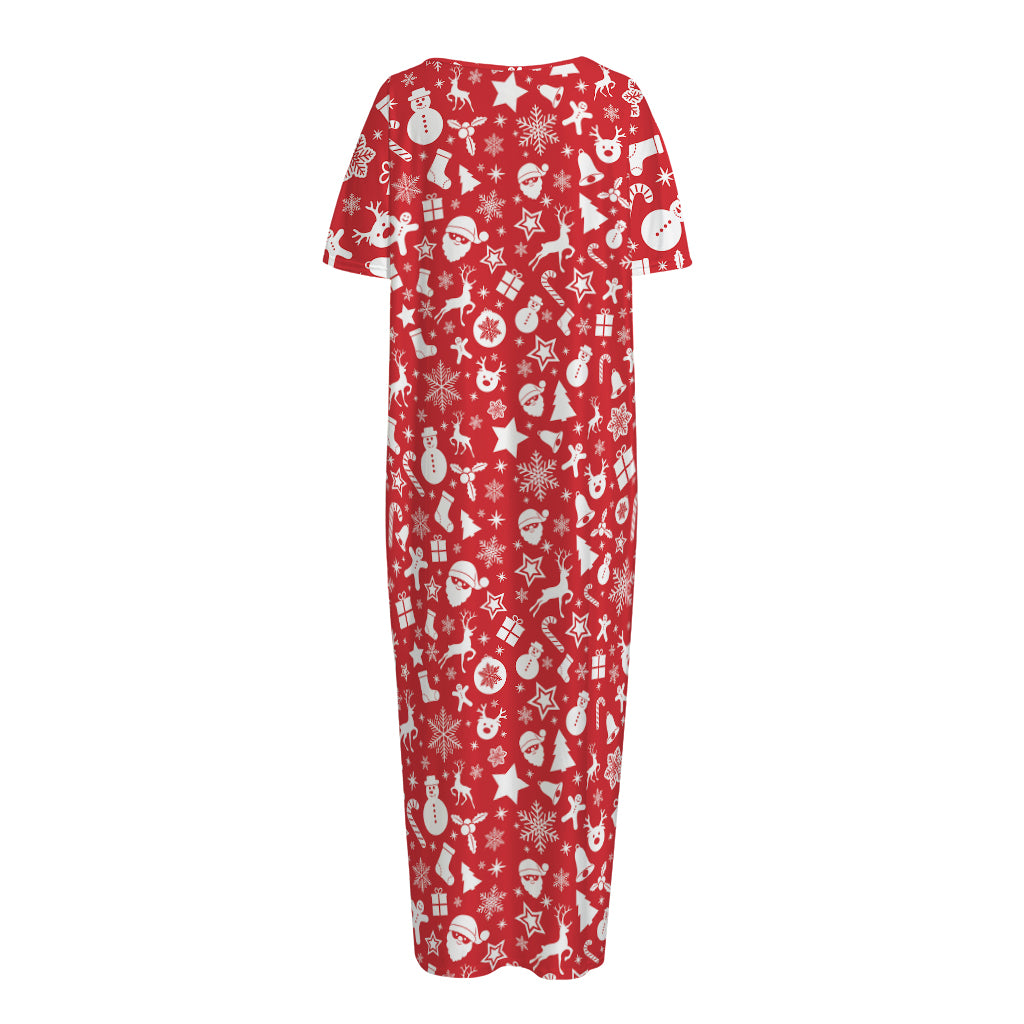 Merry Christmas Elements Pattern Print Short Sleeve Long Nightdress