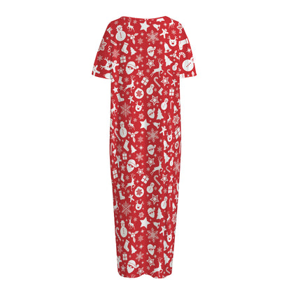 Merry Christmas Elements Pattern Print Short Sleeve Long Nightdress