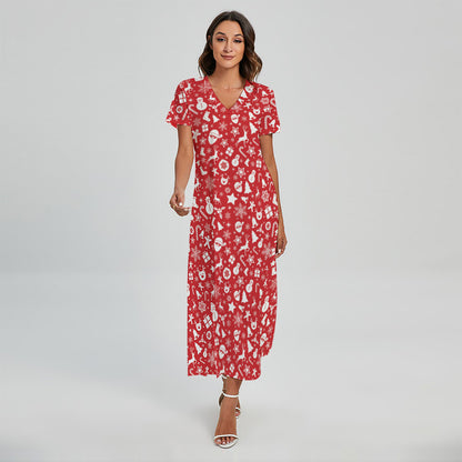 Merry Christmas Elements Pattern Print Short Sleeve Maxi Dress