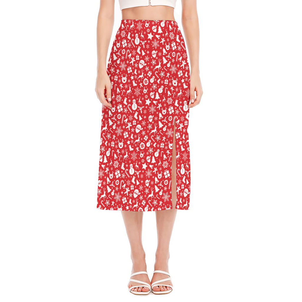 Merry Christmas Elements Pattern Print Side Slit Midi Skirt