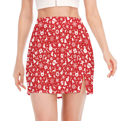 Merry Christmas Elements Pattern Print Side Slit Mini Skirt