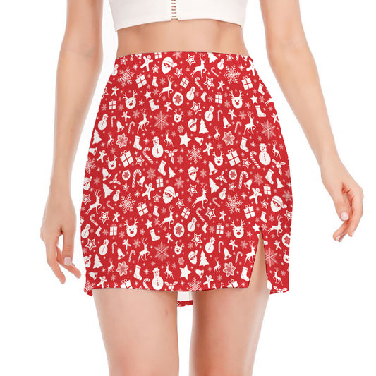 Merry Christmas Elements Pattern Print Side Slit Mini Skirt