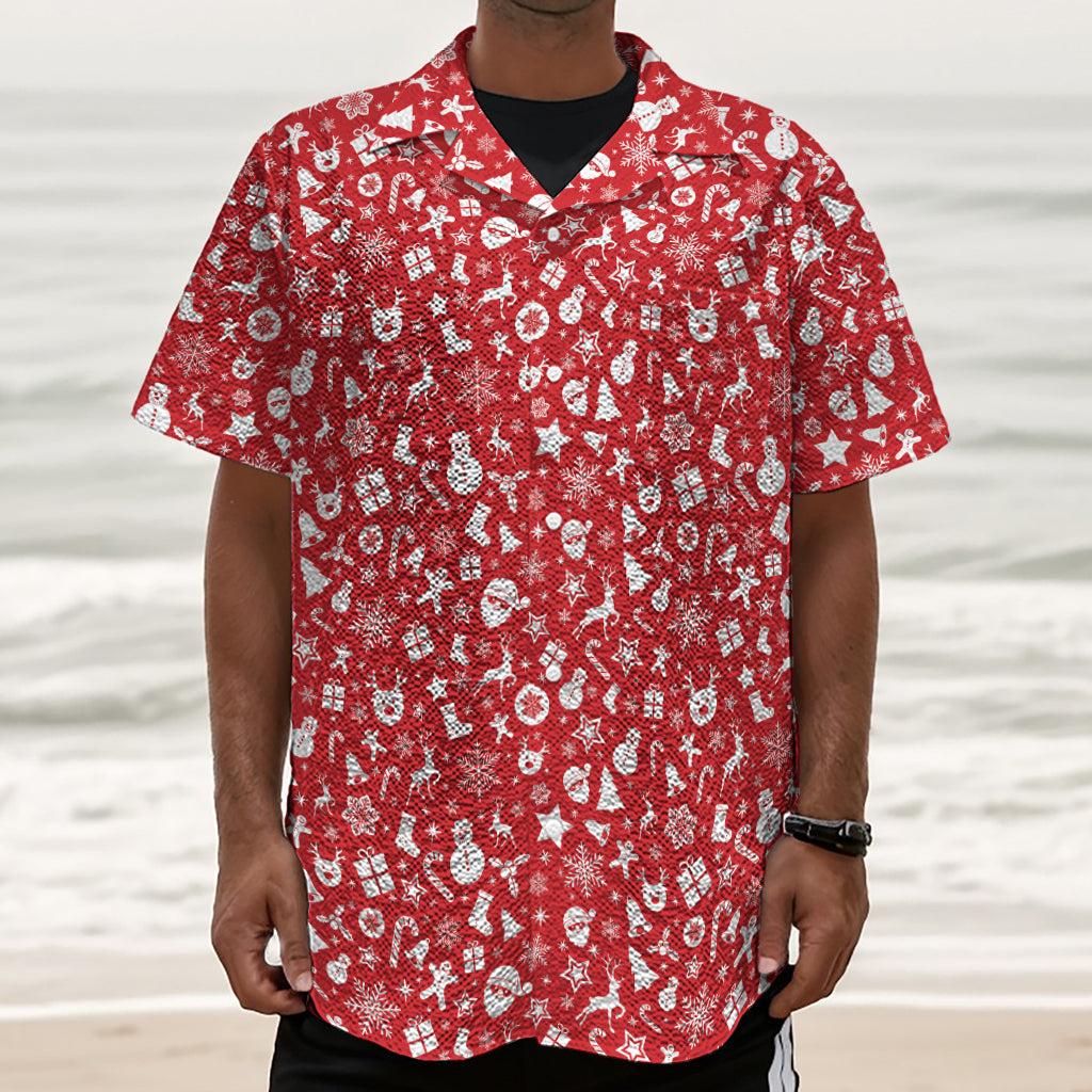 Merry Christmas Elements Pattern Print Textured Short Sleeve Shirt