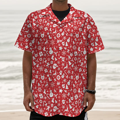 Merry Christmas Elements Pattern Print Textured Short Sleeve Shirt