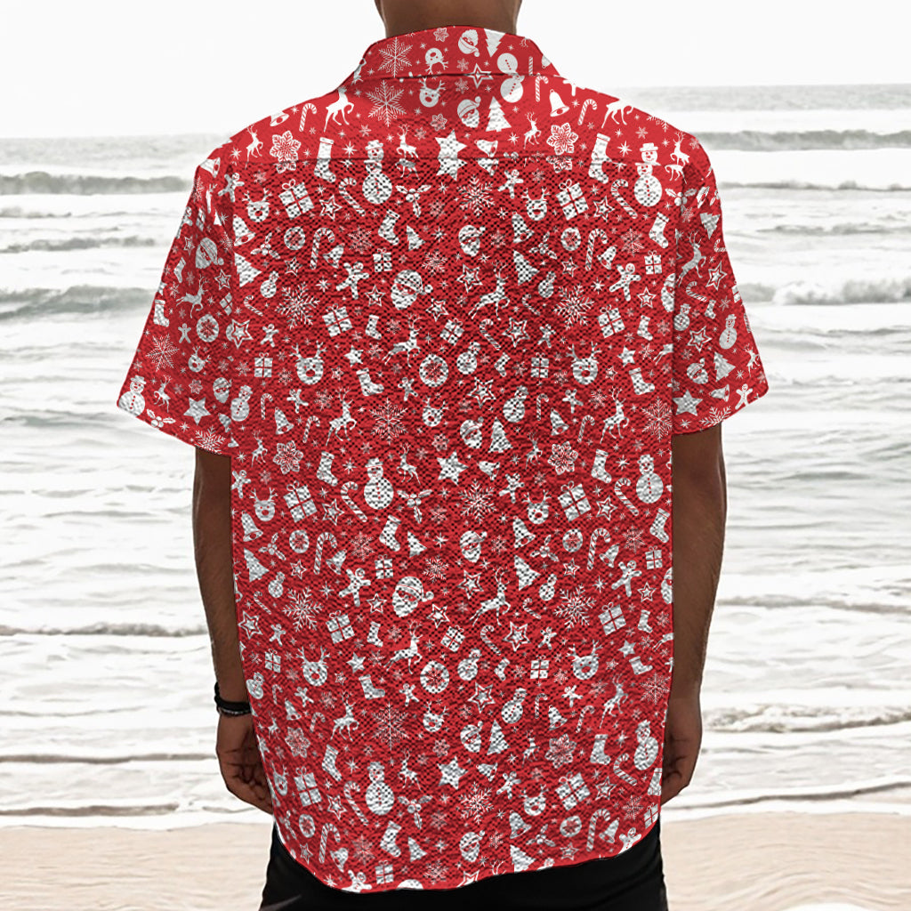 Merry Christmas Elements Pattern Print Textured Short Sleeve Shirt