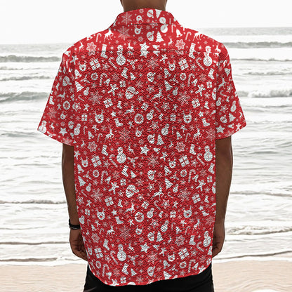 Merry Christmas Elements Pattern Print Textured Short Sleeve Shirt