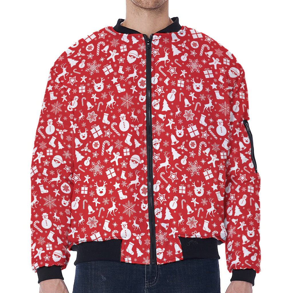 Merry Christmas Elements Pattern Print Zip Sleeve Bomber Jacket