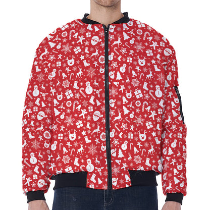 Merry Christmas Elements Pattern Print Zip Sleeve Bomber Jacket