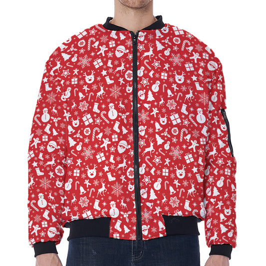 Merry Christmas Elements Pattern Print Zip Sleeve Bomber Jacket