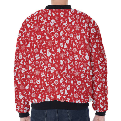 Merry Christmas Elements Pattern Print Zip Sleeve Bomber Jacket