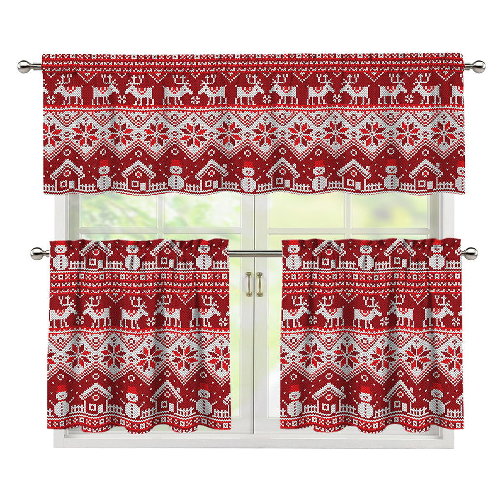Merry Christmas Knitted Pattern Print 3 Piece Kitchen Curtains