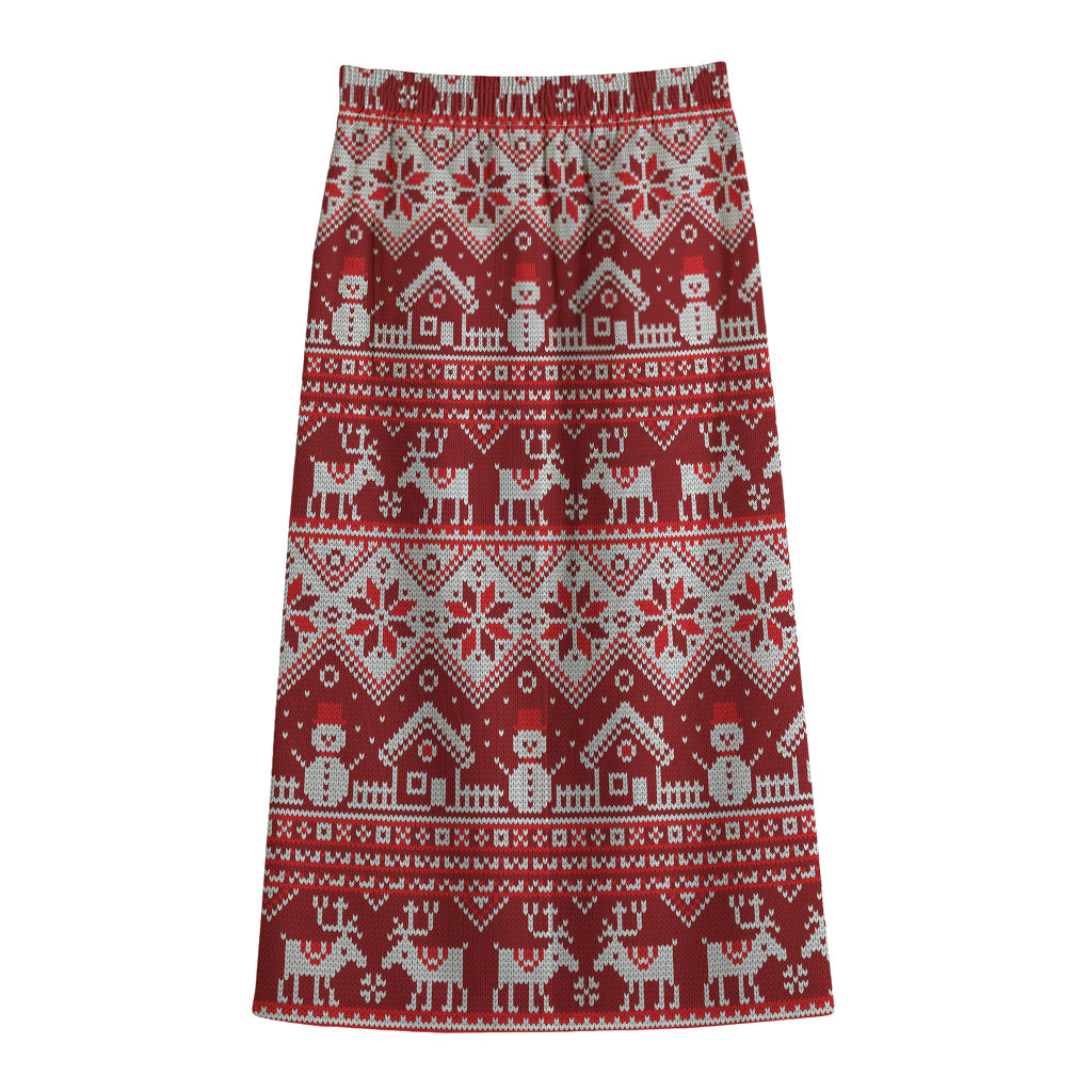 Merry Christmas Knitted Pattern Print Cotton Front Slit Maxi Skirt