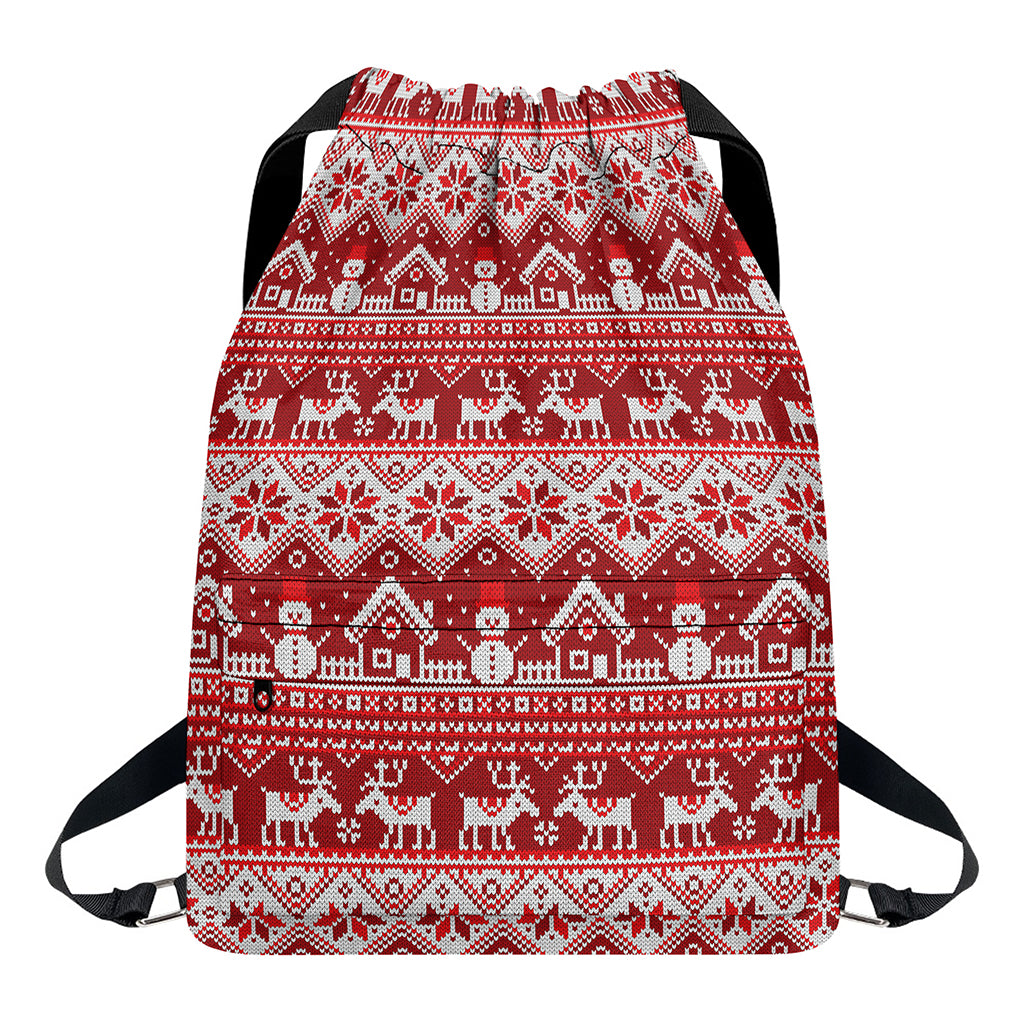 Merry Christmas Knitted Pattern Print Drawstring Backpack