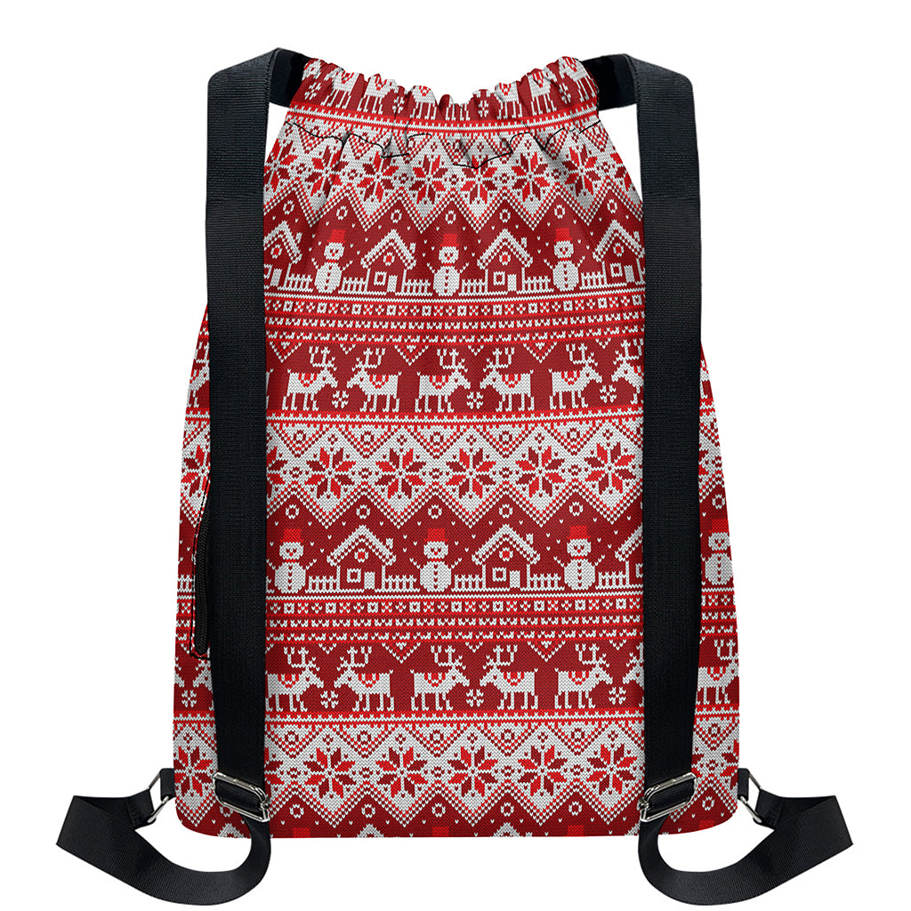 Merry Christmas Knitted Pattern Print Drawstring Backpack
