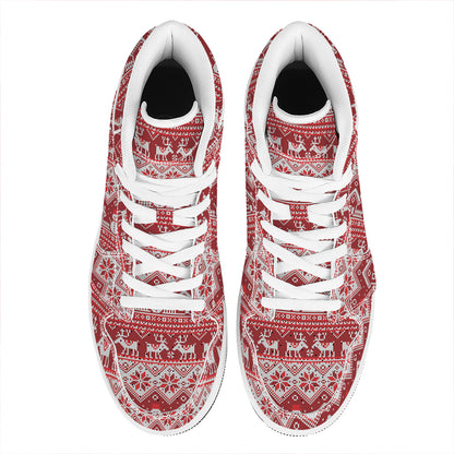 Merry Christmas Knitted Pattern Print High Top Leather Sneakers