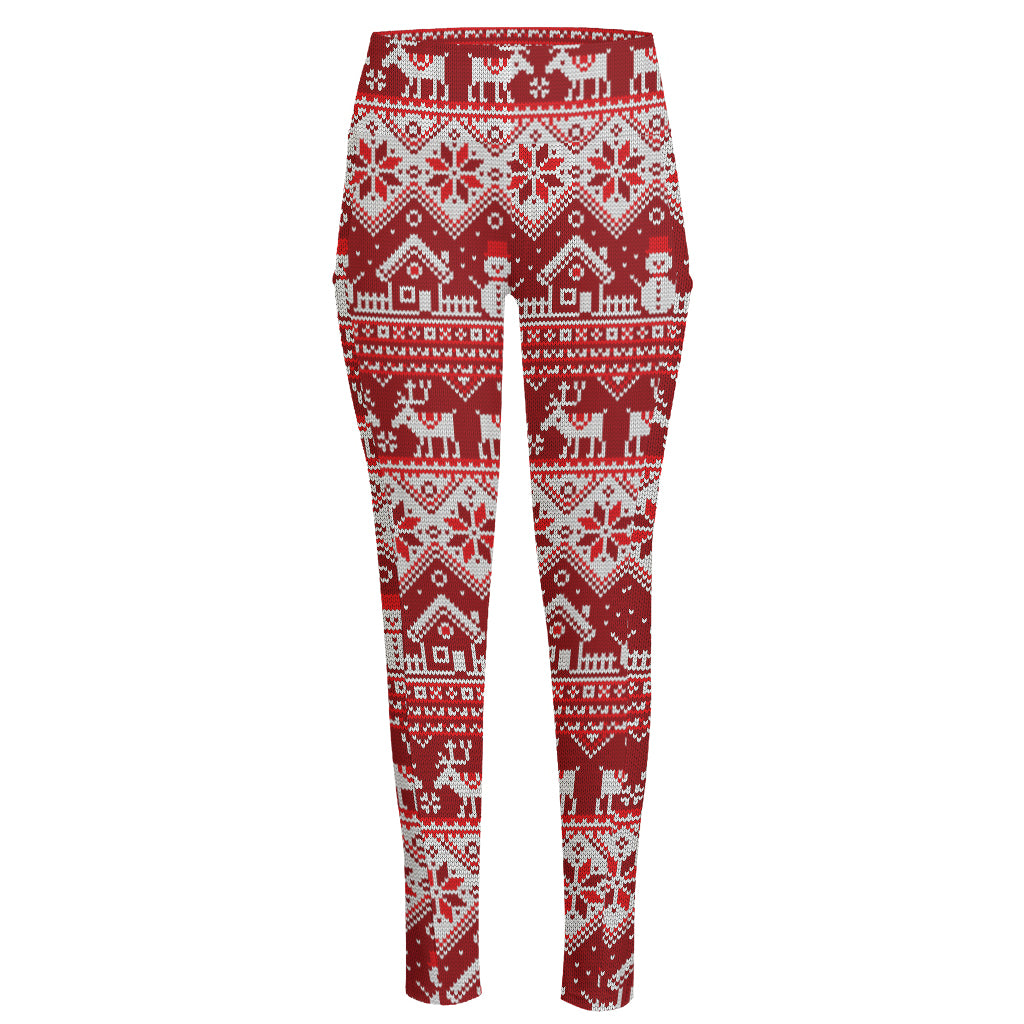 Merry Christmas Knitted Pattern Print High-Waisted Pocket Leggings