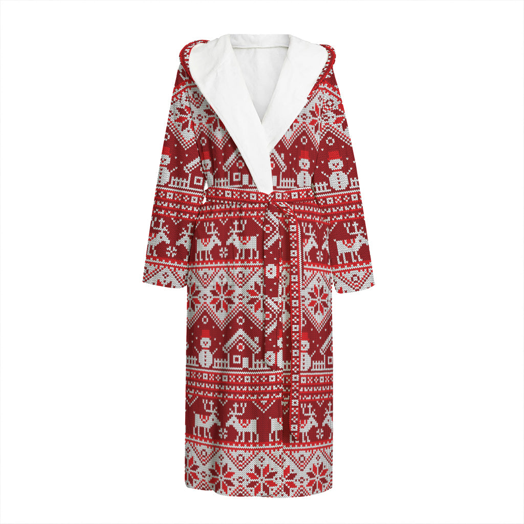 Merry Christmas Knitted Pattern Print Hooded Bathrobe