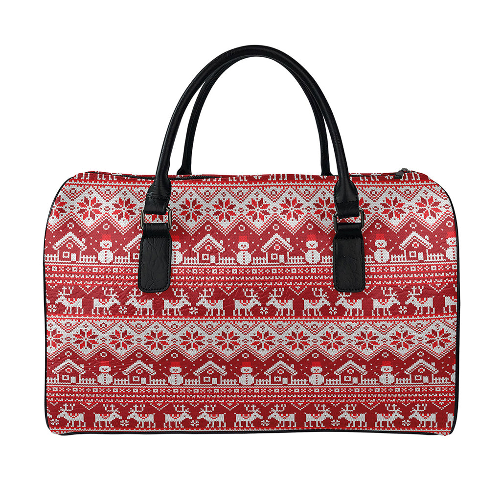 Merry Christmas Knitted Pattern Print Leather Duffle Bag