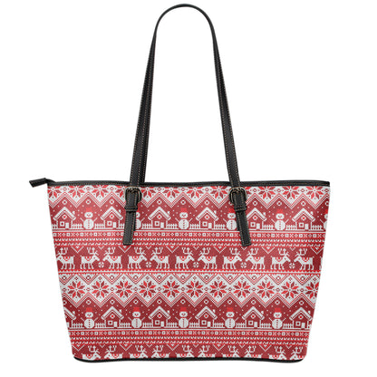 Merry Christmas Knitted Pattern Print Leather Tote Bag